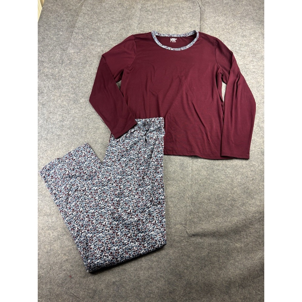 Lands End Two Piece Burgundy and Blue Ditsy Floral Knit Pajama Set Women's M